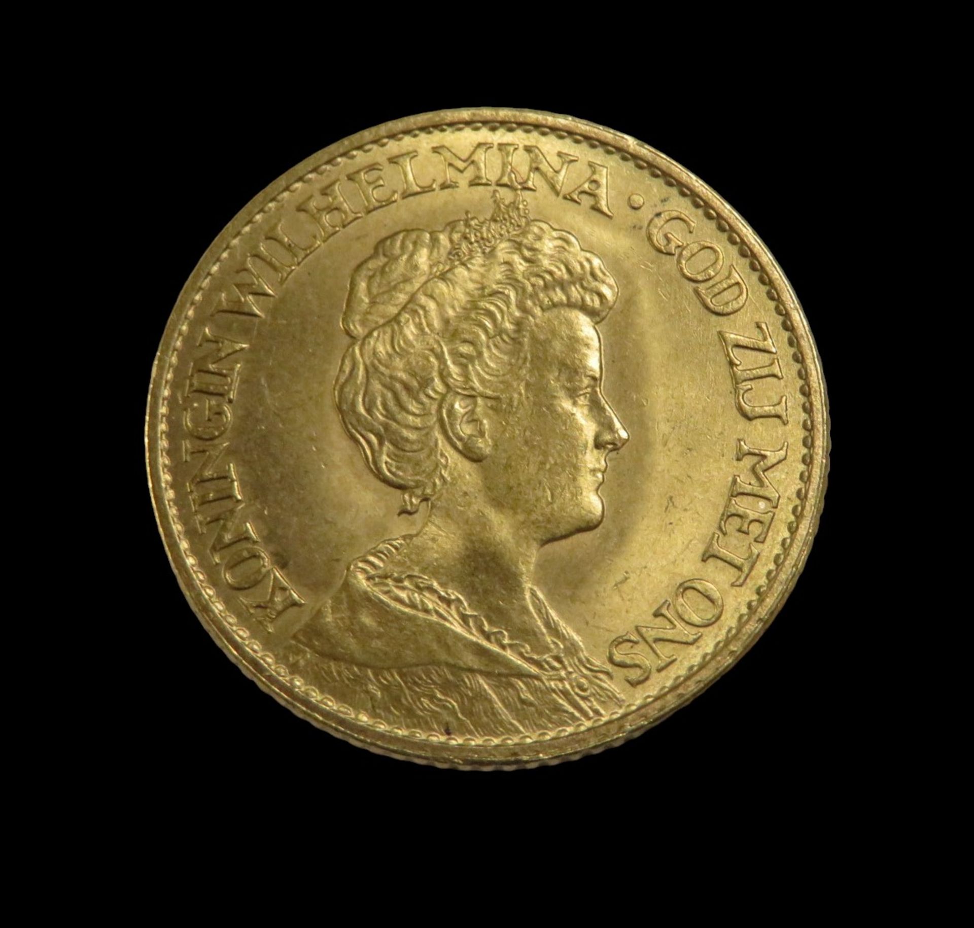 Goldmünze, Niederlande, 10 Gulden, Wilhelmina, 1912, Gold 900/000, 6,7 g, d 2,1 cm.