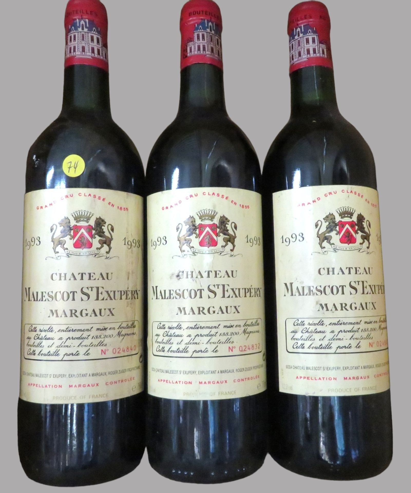 3 Flaschen Rotwein, Château Malescot St. Exupéry Margaux, 1993.