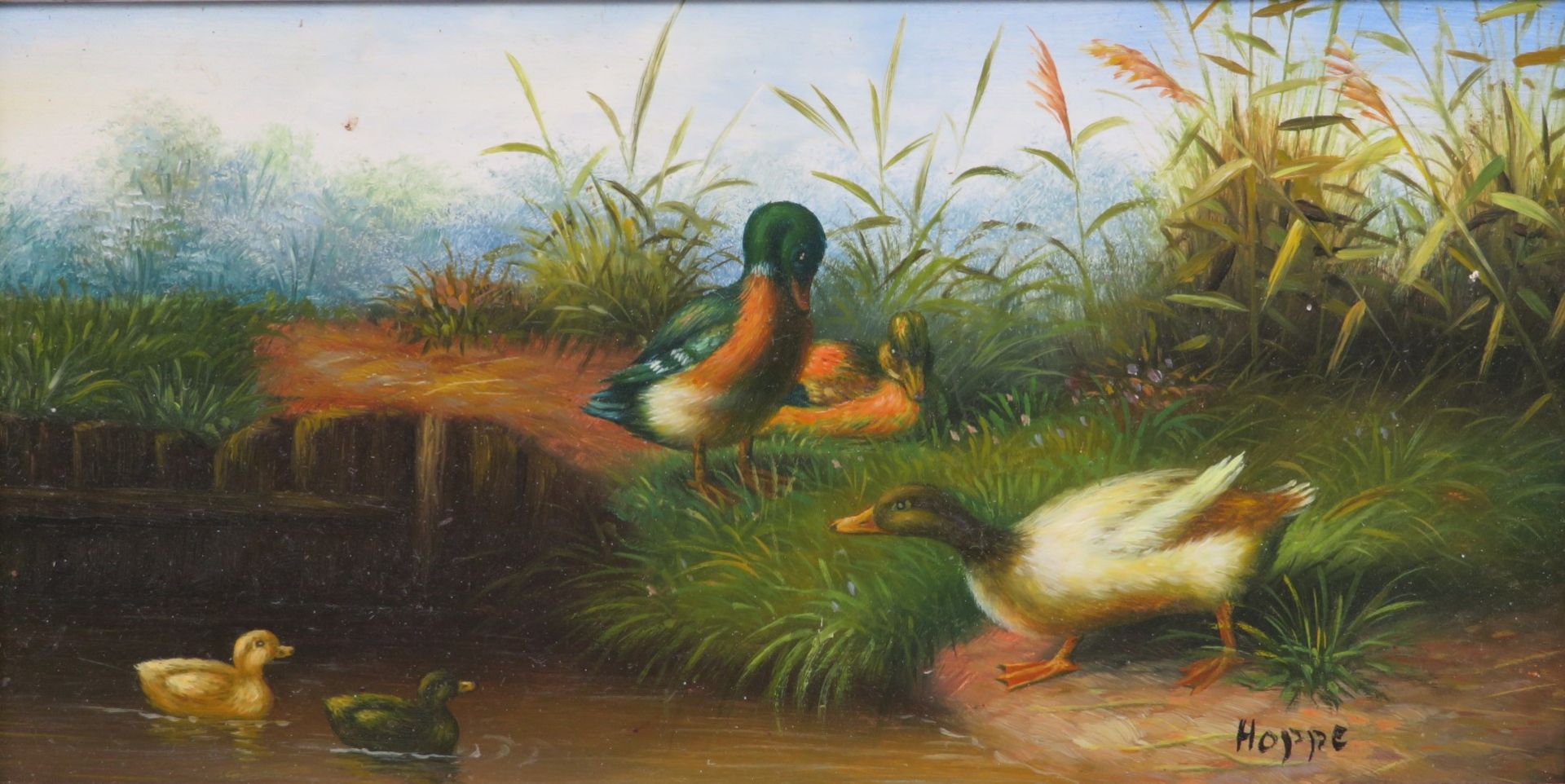 Hoppe, "Enten am Teich", re.u.sign., Öl/Holz, 10,5 x 19,5 cm, R. [13,5 x 22,5 cm]