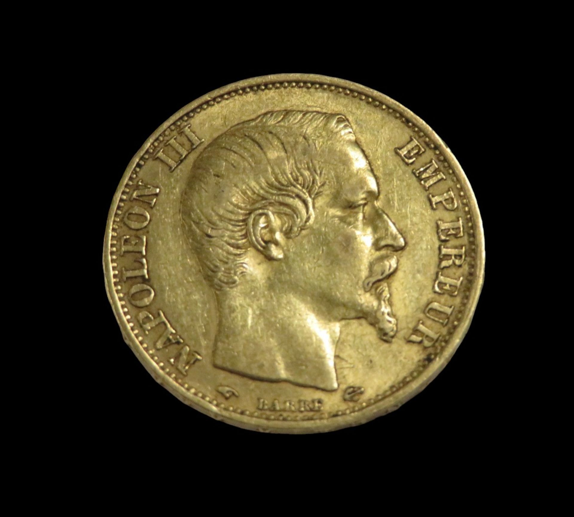 Goldmünze, 20 Francs, Napoleon III, 1859, Gold 900/000, 6,4 g, d 2,1 cm.