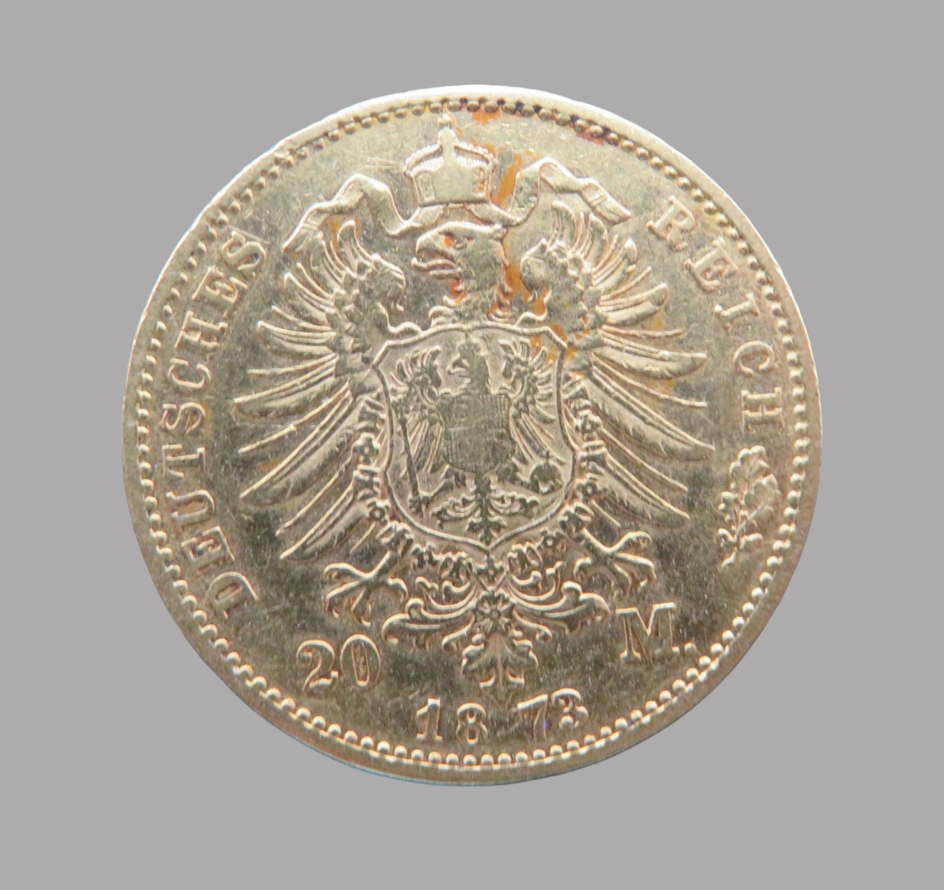 Goldmünze, Ludwig II. von Bayern, 20 Mark, 1873D, Gold 900/000, 7,16 g, d 2,3 cm. - Bild 2 aus 2