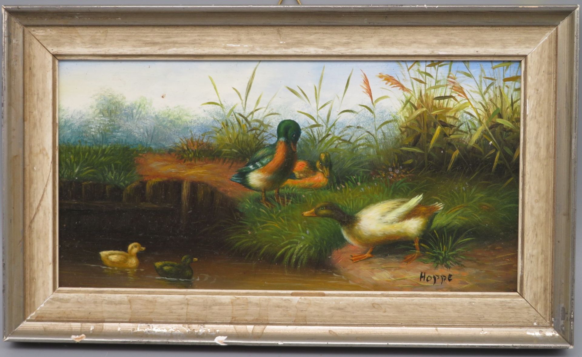 Hoppe, "Enten am Teich", re.u.sign., Öl/Holz, 10,5 x 19,5 cm, R. [13,5 x 22,5 cm] - Bild 2 aus 2