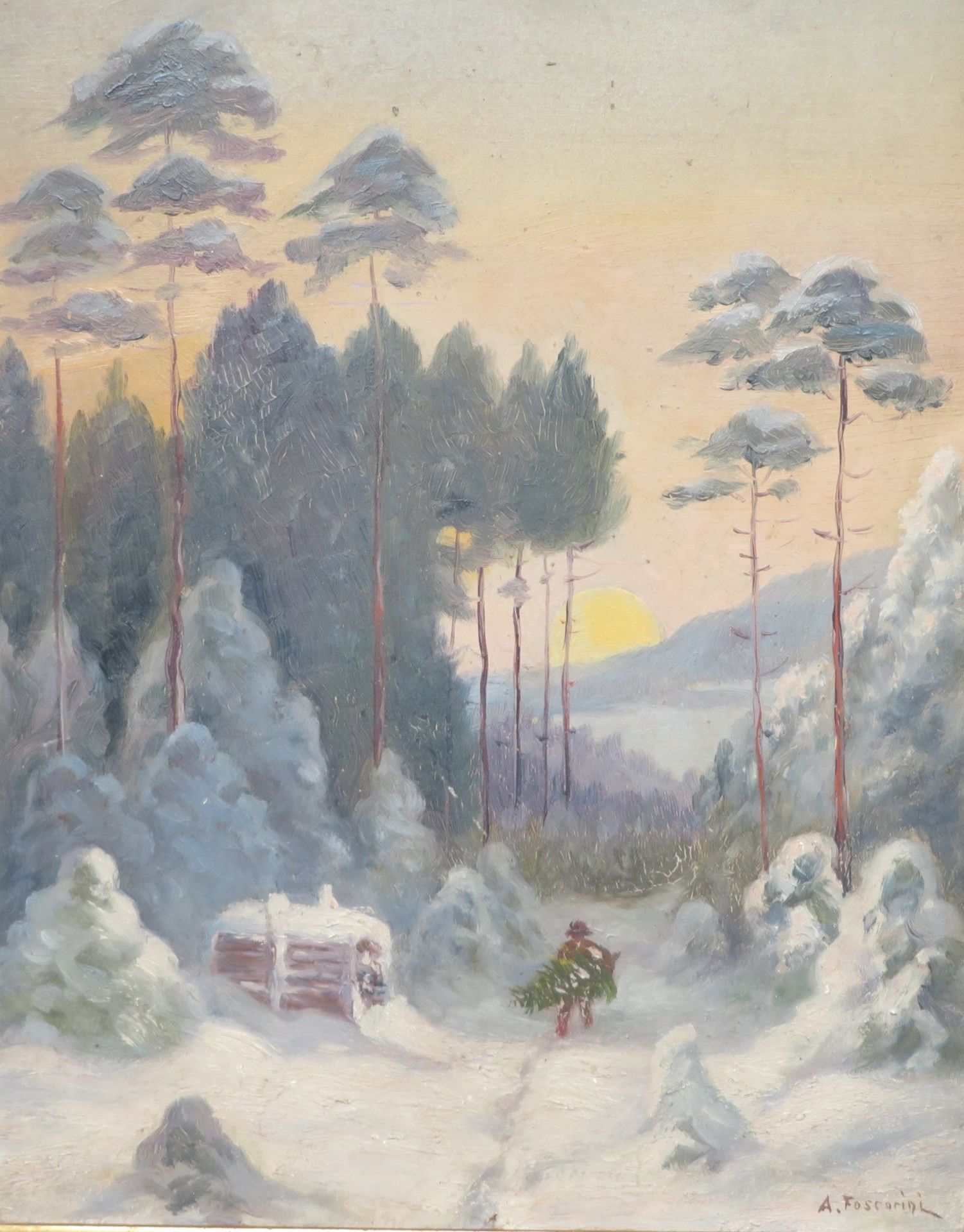 Foscarini, A., "Der Reisigsammler in verschneiter Winterlandschaft", re.u.sign., Öl/Malerpappe, 34,