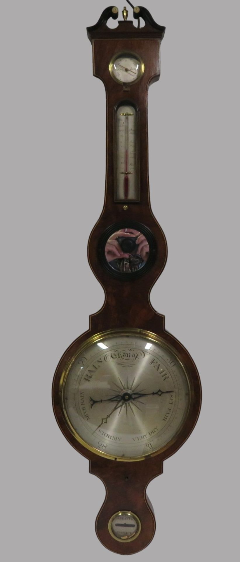 Quecksilber Barometer, England, 19. Jahrhundert, Gehäuse Mahagoni mit Bandintarsien, intakt, l 109