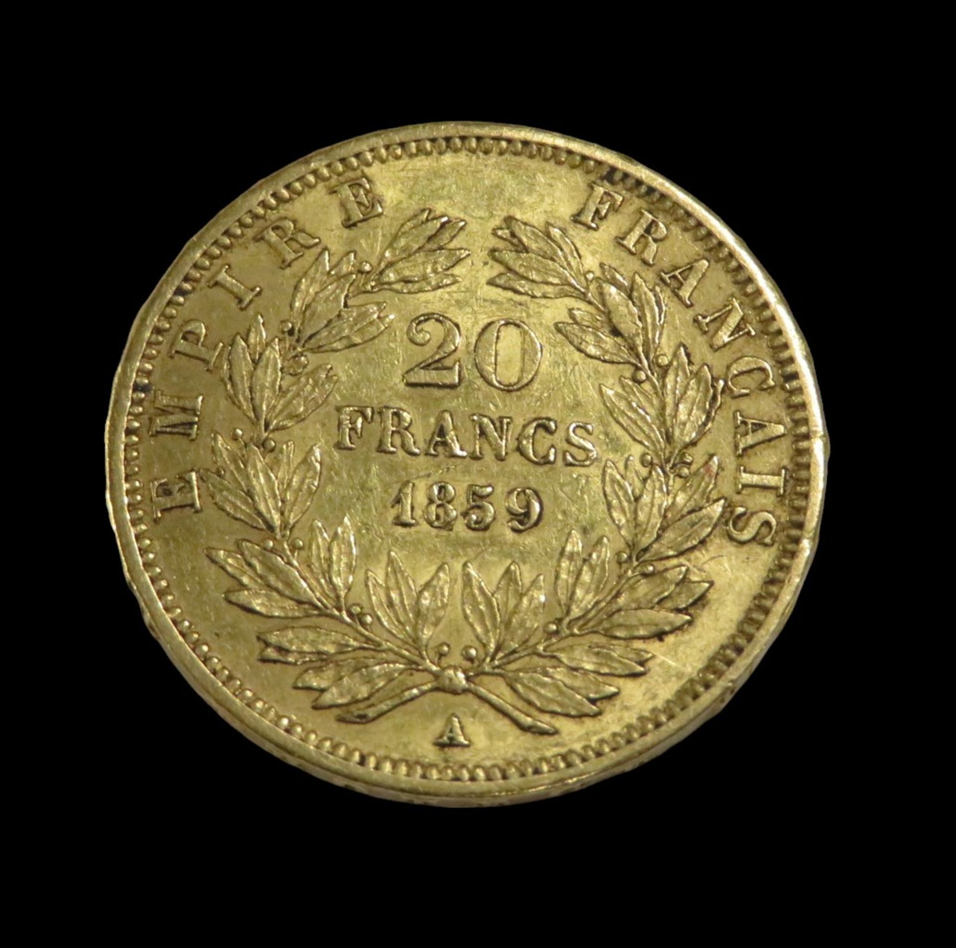 Goldmünze, 20 Francs, Napoleon III, 1859, Gold 900/000, 6,4 g, d 2,1 cm. - Image 2 of 2
