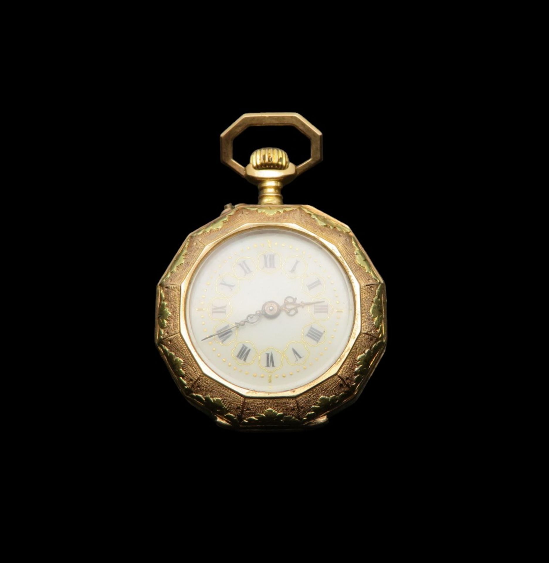 Damen-Hängeuhr, um 1900, Gehäuse Rotgold 585/000, punziert, Innendeckel Metall, Kronenaufzug, Werk 