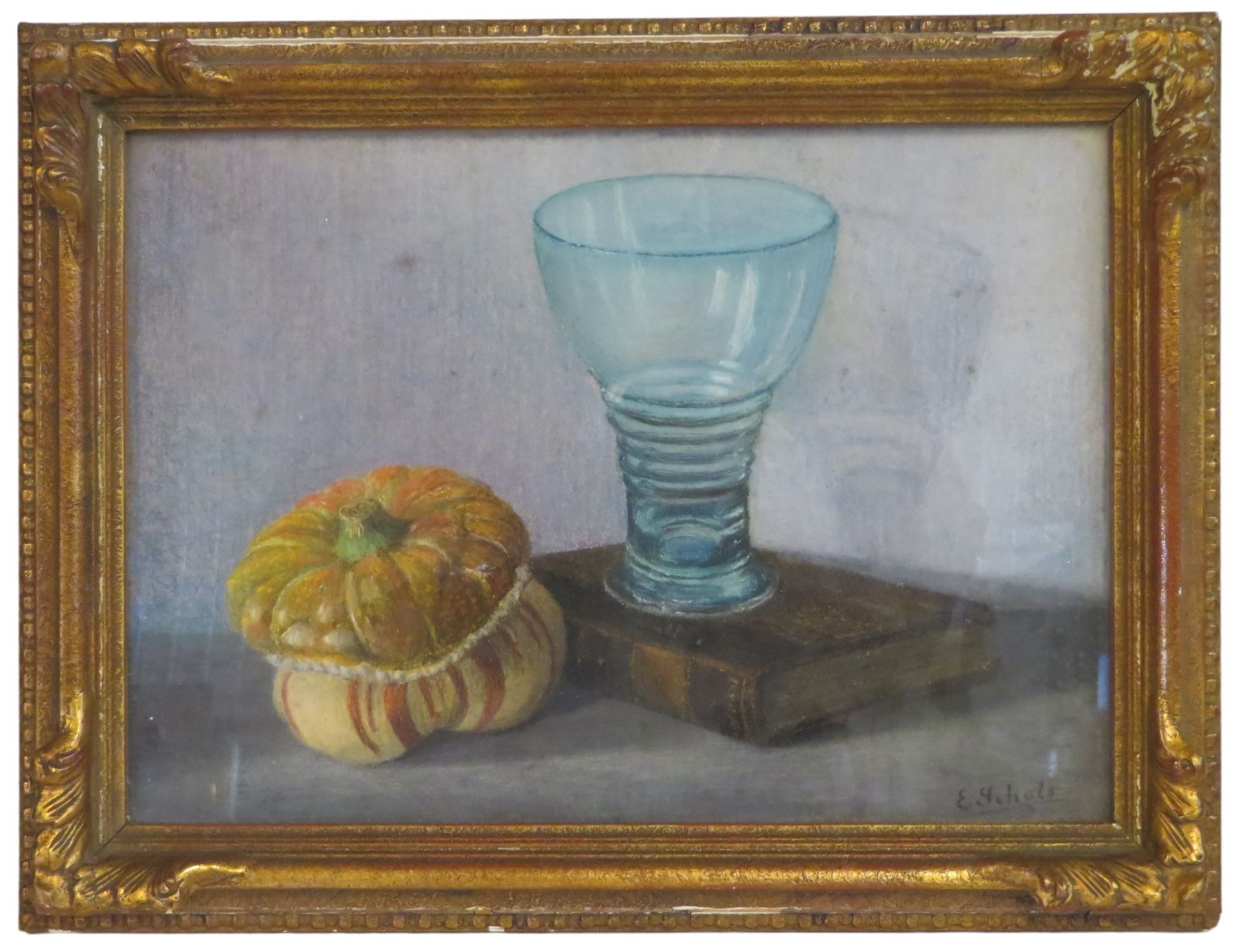 Schols, E., "Stillleben mit Kürbis und Glas", re.u.sign., Pastell, 24,5 x 34,5cm, R. [32 x 42 cm] - Bild 2 aus 2
