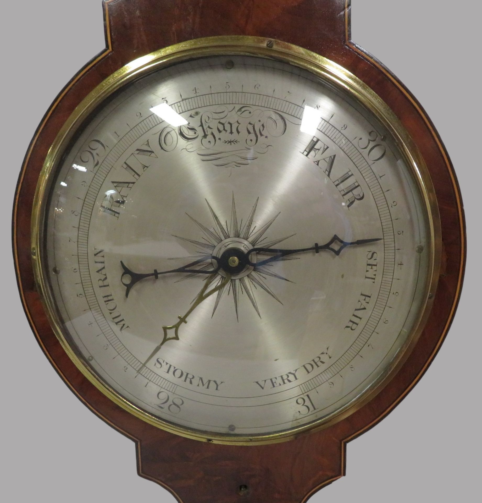 Quecksilber Barometer, England, 19. Jahrhundert, Gehäuse Mahagoni mit Bandintarsien, intakt, l 109 - Image 2 of 2