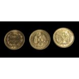 3 Goldmünzen, Mexiko, Dos Pesos, 1945, Gold 900/000, zus. 5 g, d 1,3 cm.