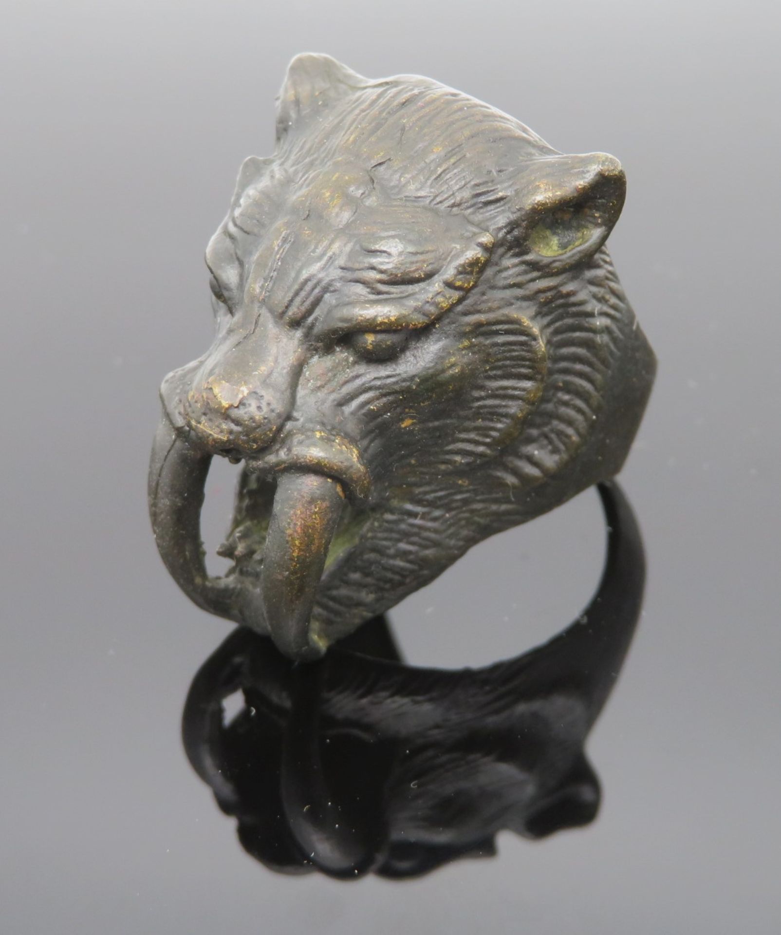 Ungewöhnlicher Ring, Kopf eines Säbelzahntigers, Bronze, Ringkopf 2,2 x 2,6 x 2,1 cm, Ringgr. 63.