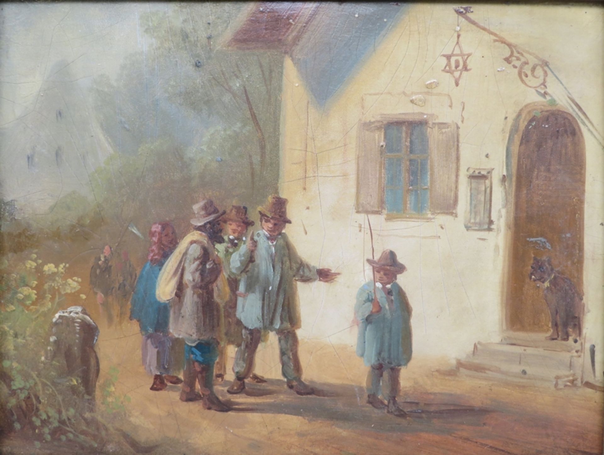 19. Jahrhundert, "Personen auf dem Weg in die Herberge", Öl/Malerpappe, 18 x 23,5 cm, R. [30 x 35 c