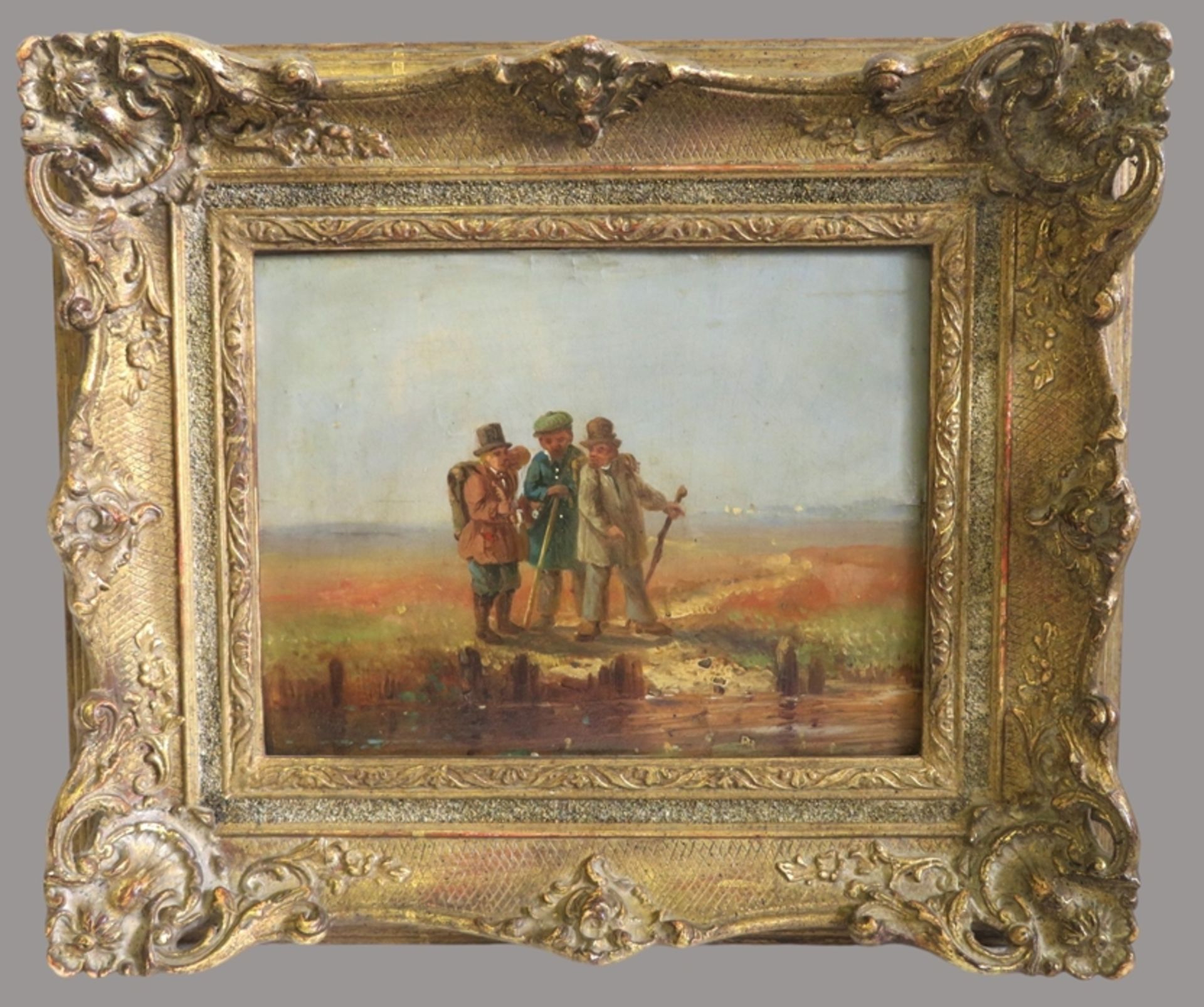 19. Jahrhundert, "Drei Vagabunden", Öl/Malerpappe, 17,5 x 23,3 cm, R. [30 x 35 cm] - Bild 2 aus 3