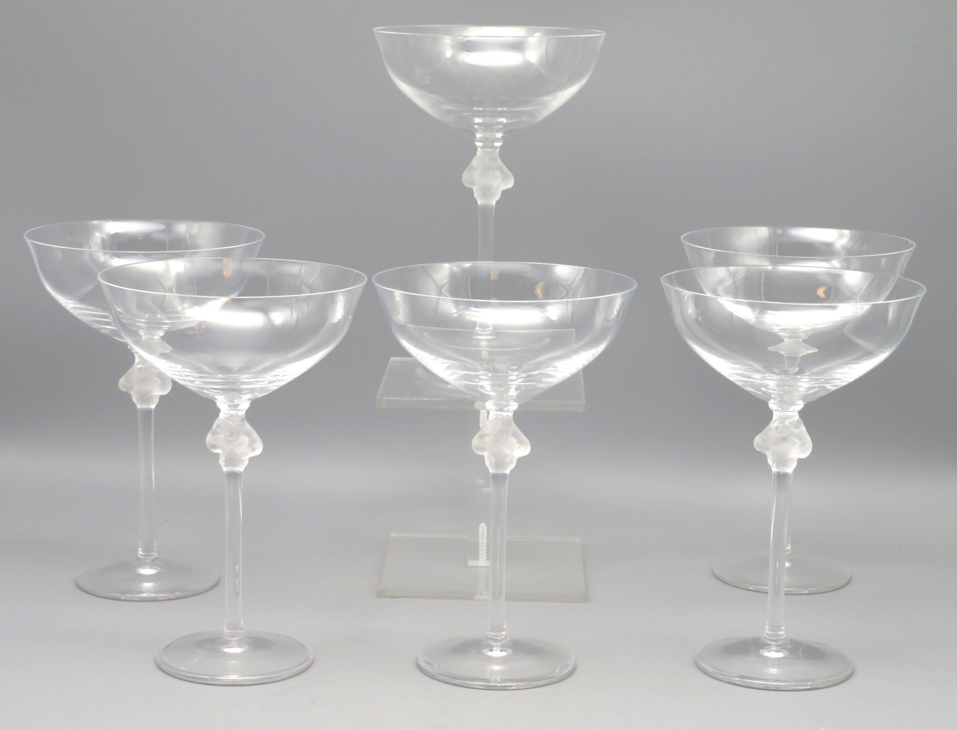 6 Champagner Schalen "Roxane", René Lalique, Wingen-sur-Moder, farbloses Kristallglas, am Kuppaansa