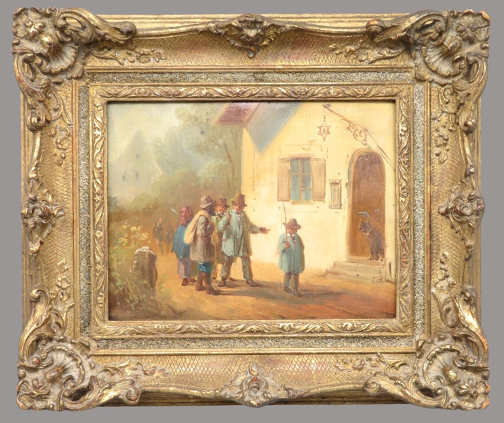 19. Jahrhundert, "Personen auf dem Weg in die Herberge", Öl/Malerpappe, 18 x 23,5 cm, R. [30 x 35 c - Bild 2 aus 3