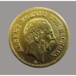 Goldmünze, 5 Mark, Albert König von Sachsen, 1877E, Gold 900/000, 1,99 g, J 260, d 1,7 cm.