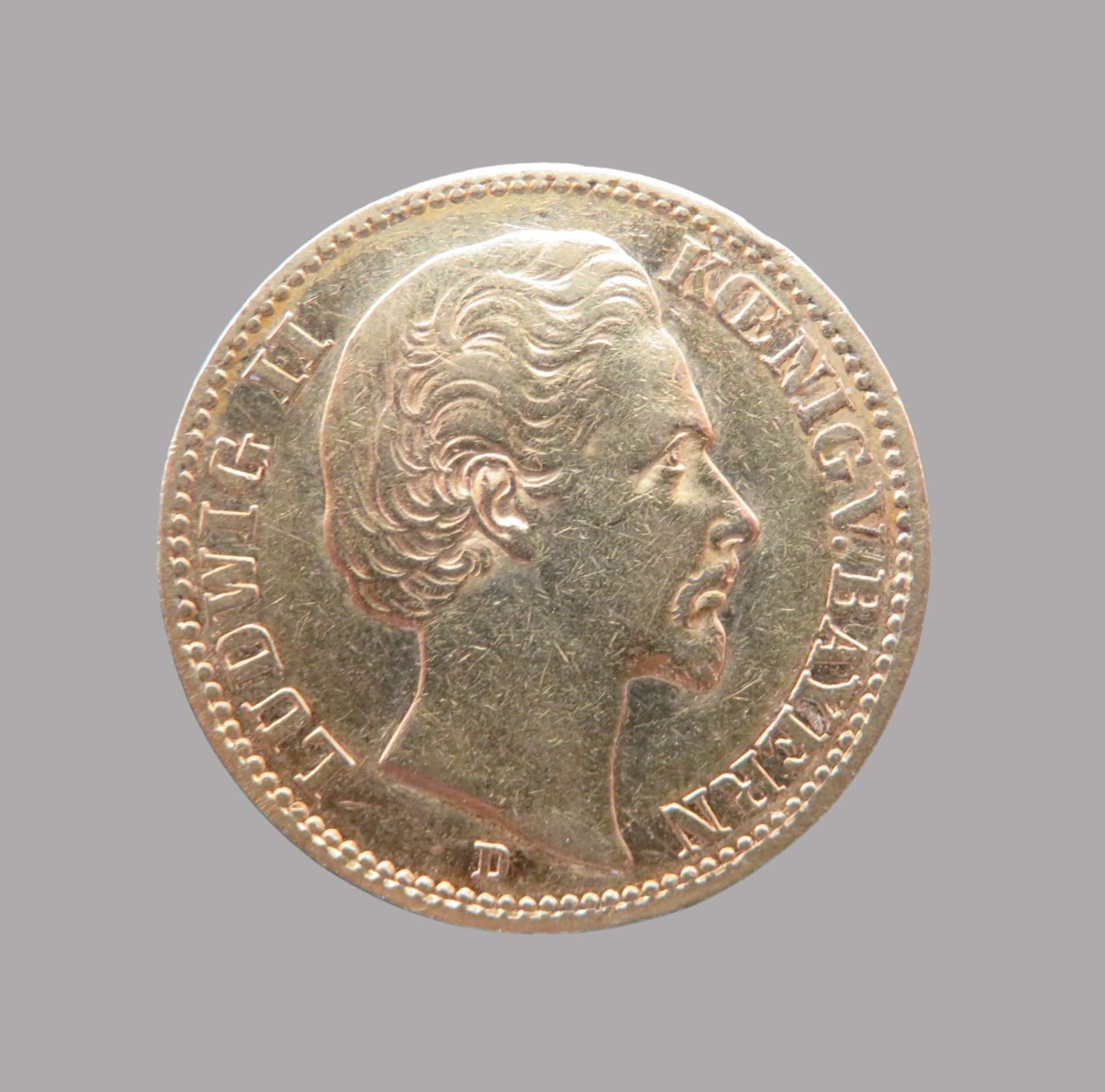 Goldmünze, Ludwig II. von Bayern, 20 Mark, 1873D, Gold 900/000, 7,16 g, d 2,3 cm.