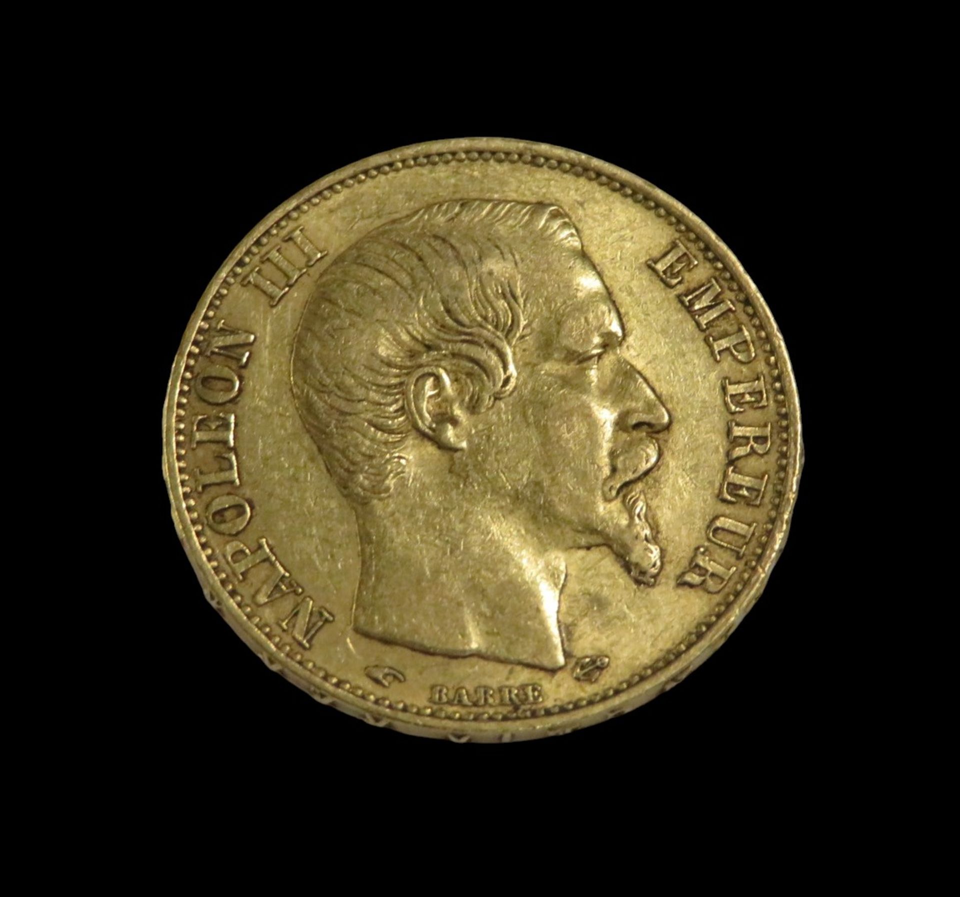 Goldmünze, 20 Francs, Napoleon III, 1856, Gold 900/000, 6,4 g, d 2,1 cm.