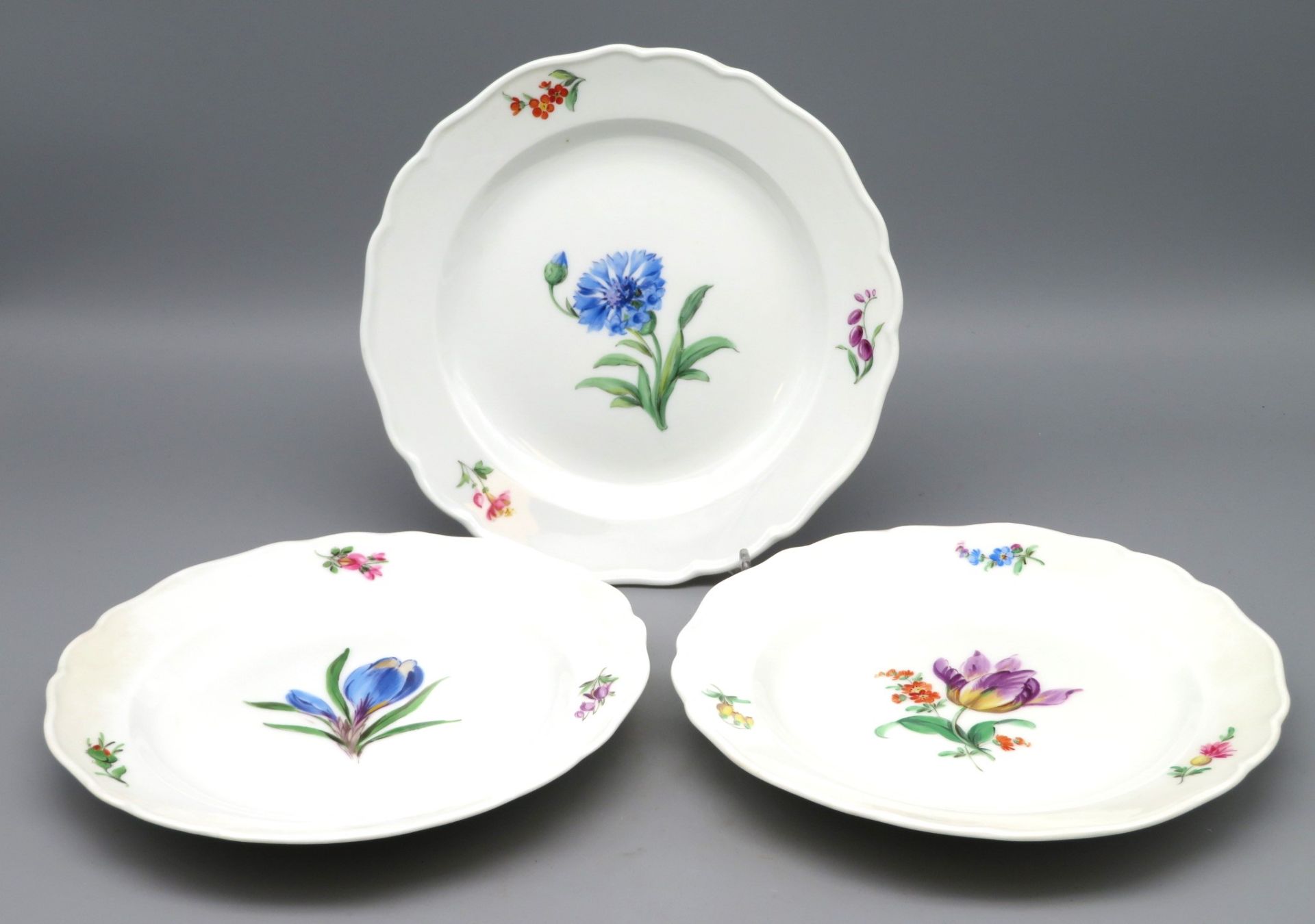 3 Teller, Meissen, um 1900, Weißporzellan mit polychromer Blütenmalerei, gewellte Fahne, unterglasu