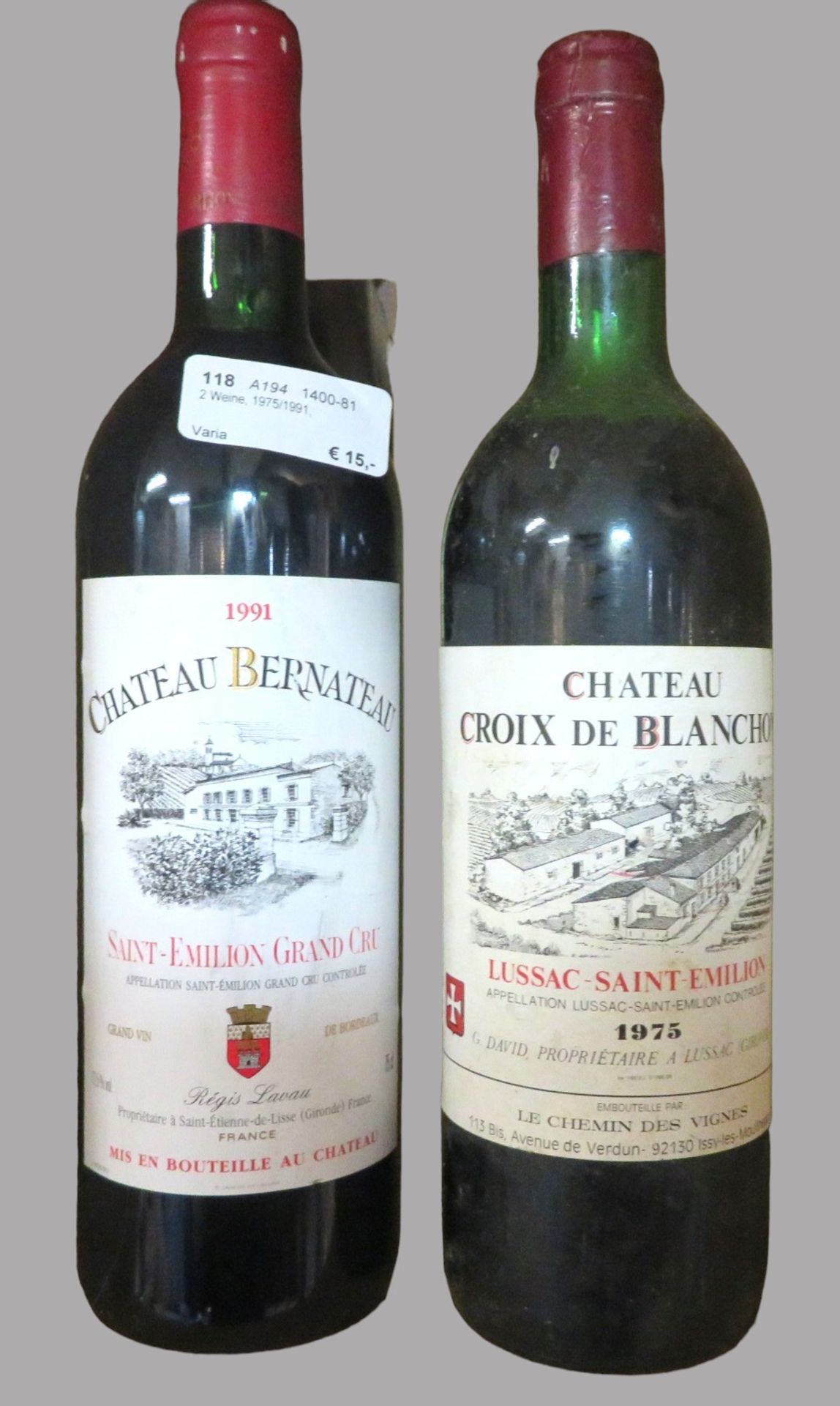 2 diverse Flaschen Rotwein, Château Croix de Blanchon, 1975, Lussac- St. Emilion, G. David/Château 