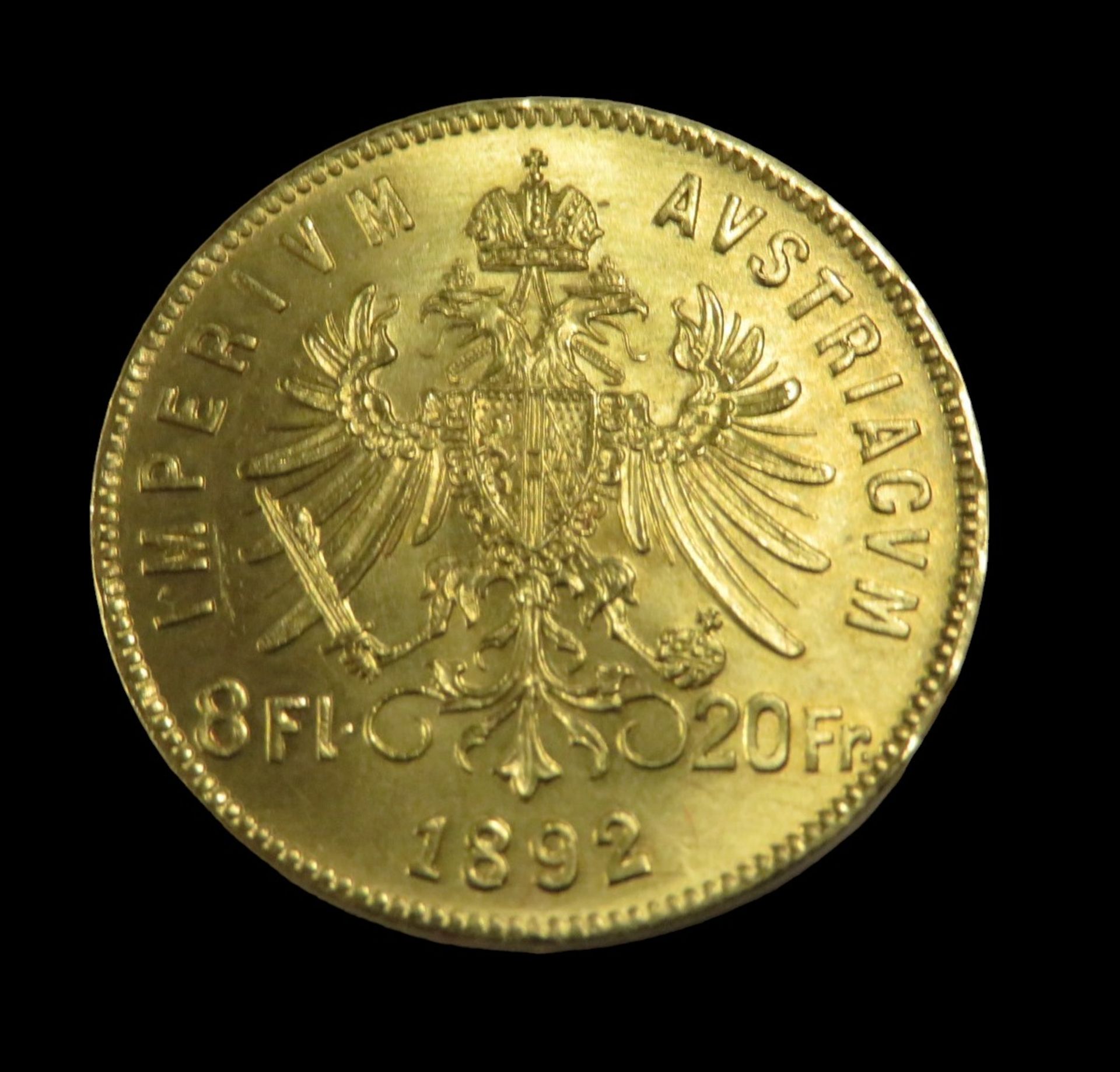 Goldmünze, Österreich, 8 Florin/20 Gulden, Franz Joseph I, 1892, Gold 900/000, 6,4 g, d 2,1 cm. - Bild 2 aus 2