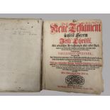 Bd., Neues Testament bei Moritz Georg Weidmann, anno 1718, Schweinsledereinband, 22 x 19,5 x 10 cm.