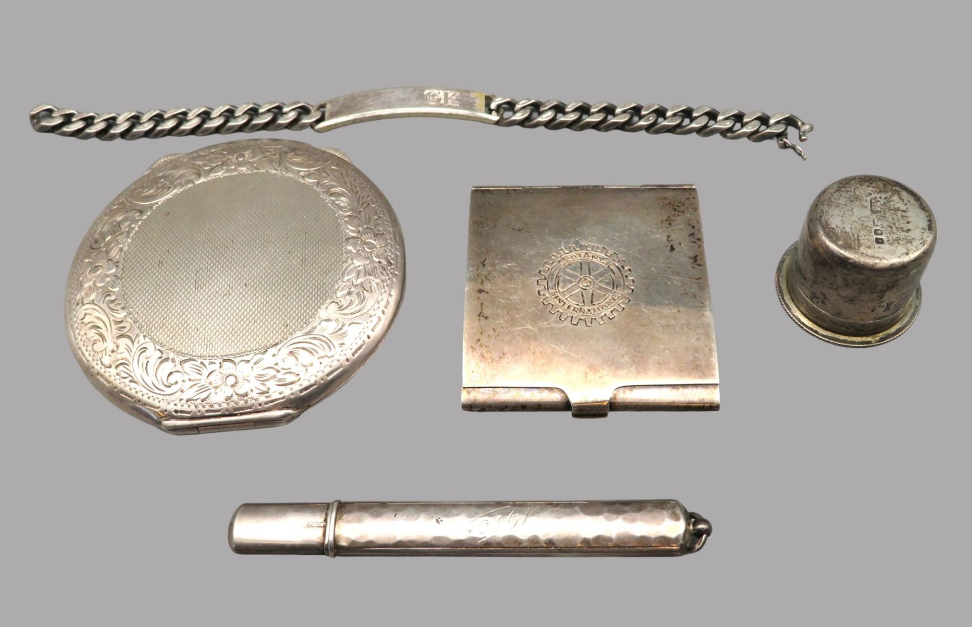 5 teiliges Konvolut diverser Silberobjekte, bestehend aus Streichholzbehälter (Rotary), Schraubdose