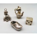 4 teiliges Konvolut Miniatursilber, bestehend aus Teekanne, Klompen, Engel und Parfumtrichter, Silb