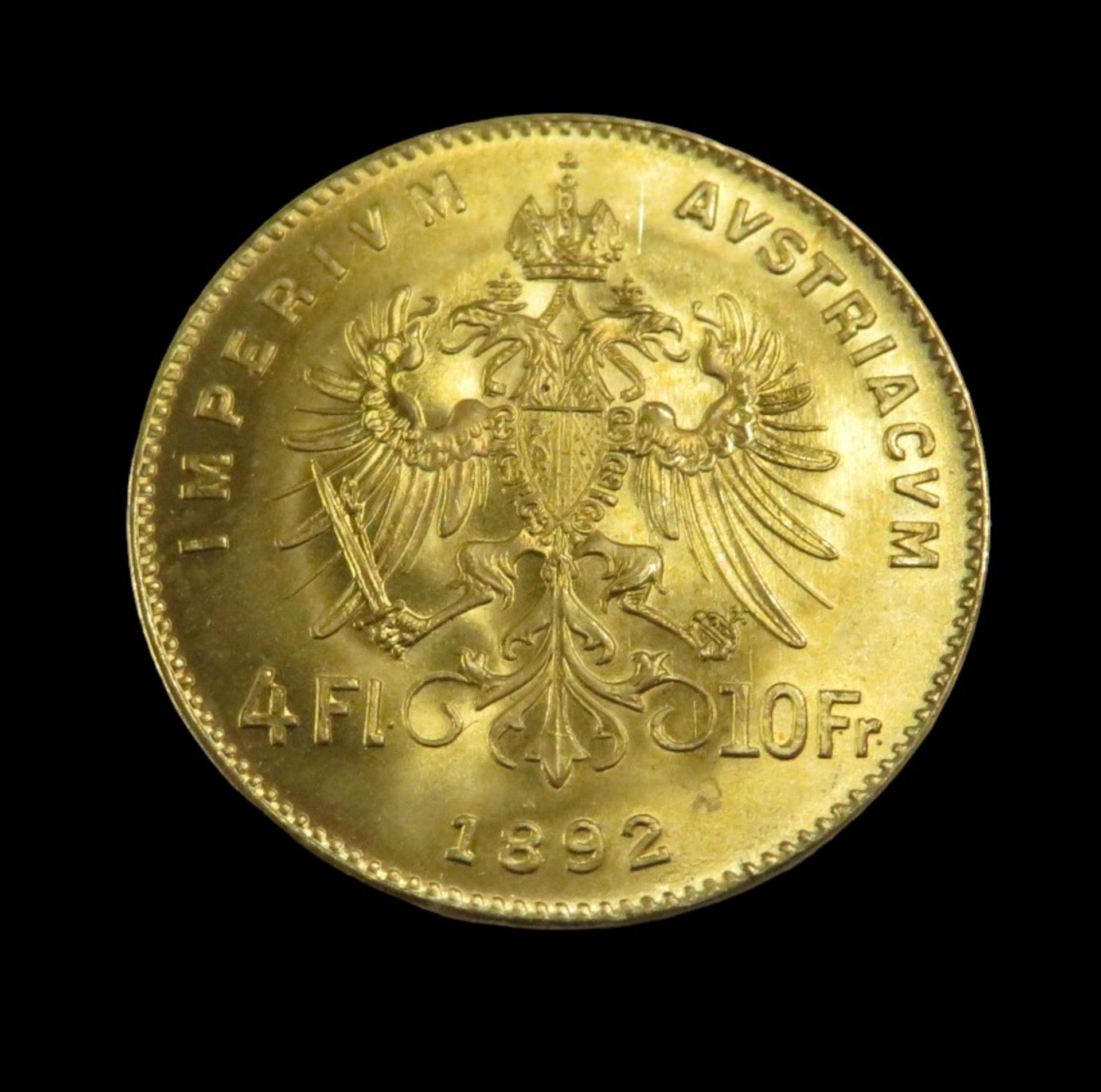Goldmünze, Österreich, 4 Florin/Goldgulden, Franz Joseph I, 1892, Gold 900/000, 3,23 g, d 1,9 cm. - Image 2 of 2