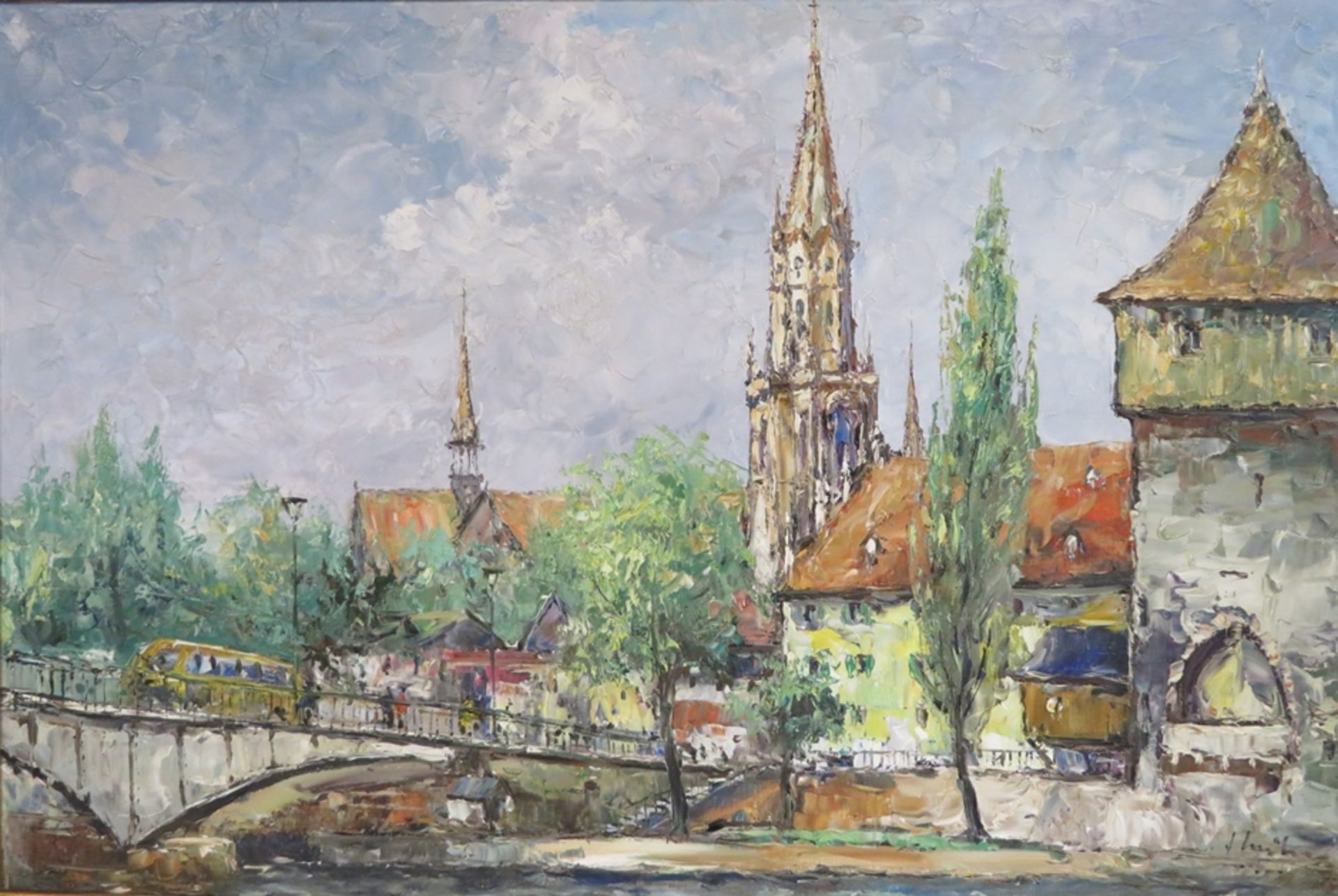 Kühn, J., 1. Hälfte 20. Jahrhundert, "Konstanzer Rheinbrücke mit Pulverturm und Blick auf das Münst