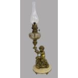 Petroleumlampe, 19. Jahrhundert, getragen durch einen Faun, Bronze, Alabastersockel, h 56 cm, d 15,
