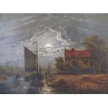 Schilfhout, A., Niederländischer Maler, 19. Jahrhundert, "Landschaft im Mondschein mit Fischerboote