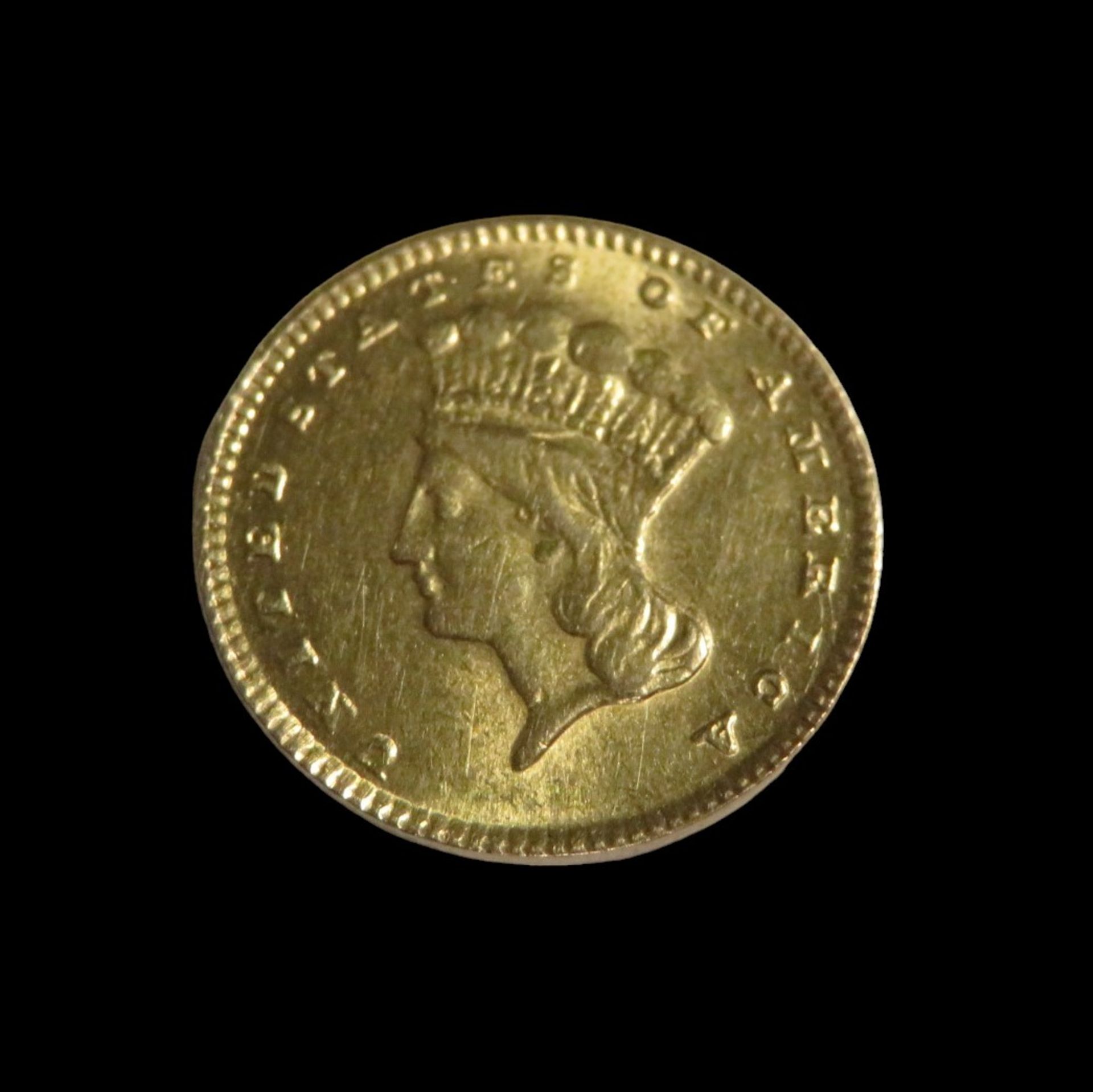 Goldmünze, USA, 1 Dollar, Indian Princess Head, 1868, Gold 900/000, 1,7 g, d 1,5 cm.