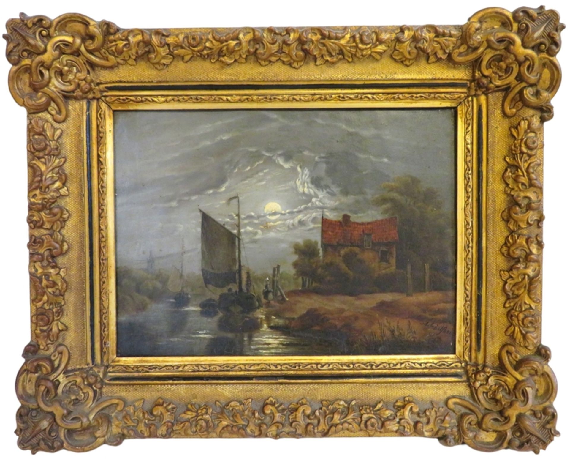 Schilfhout, A., Niederländischer Maler, 19. Jahrhundert, "Landschaft im Mondschein mit Fischerboote - Image 2 of 3