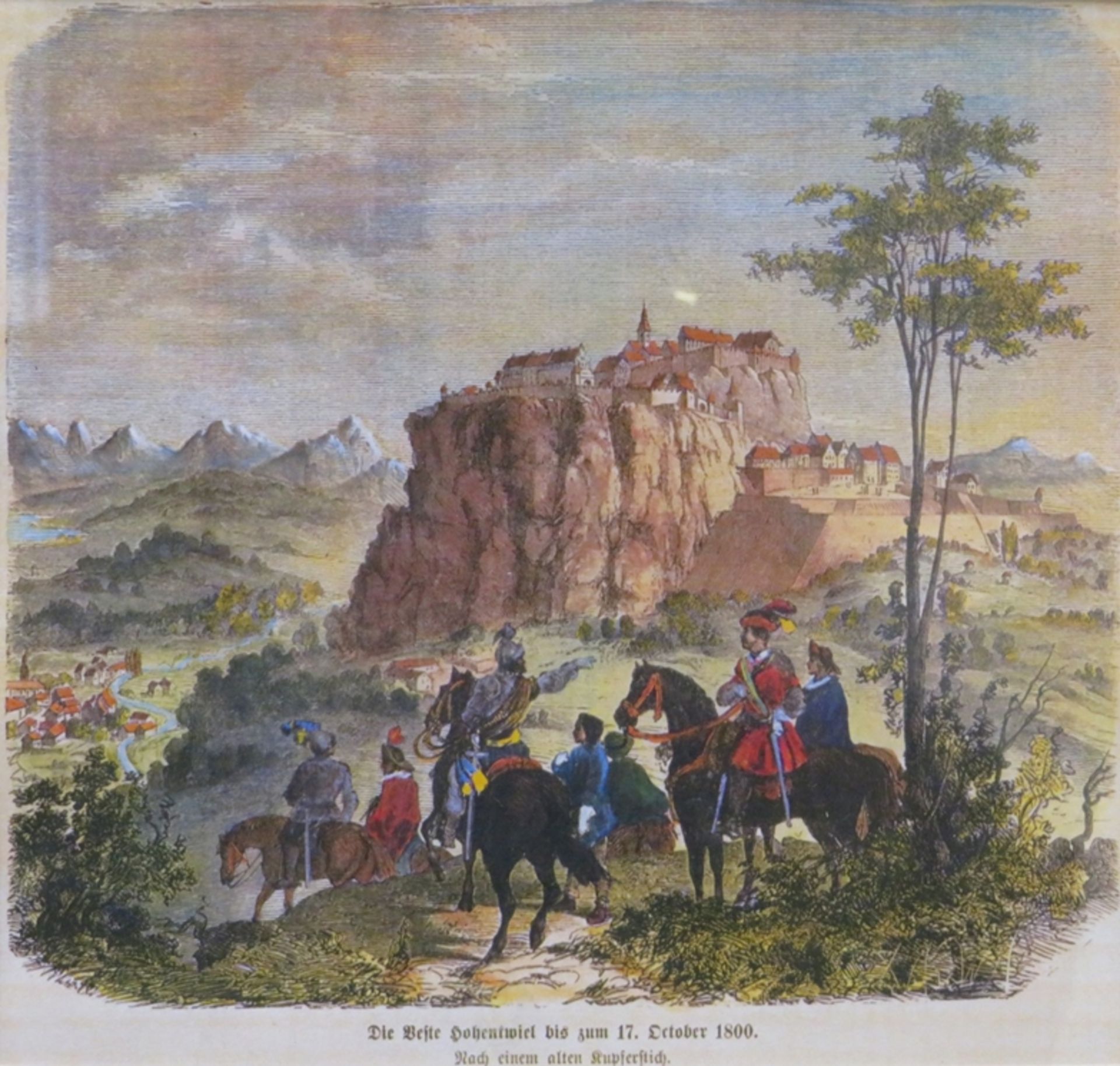 Holzstich, 19. Jahrhundert, "Die Feste Hohentwiel bis zum 17. October 1800", altcol., 18 x 19,5 cm,