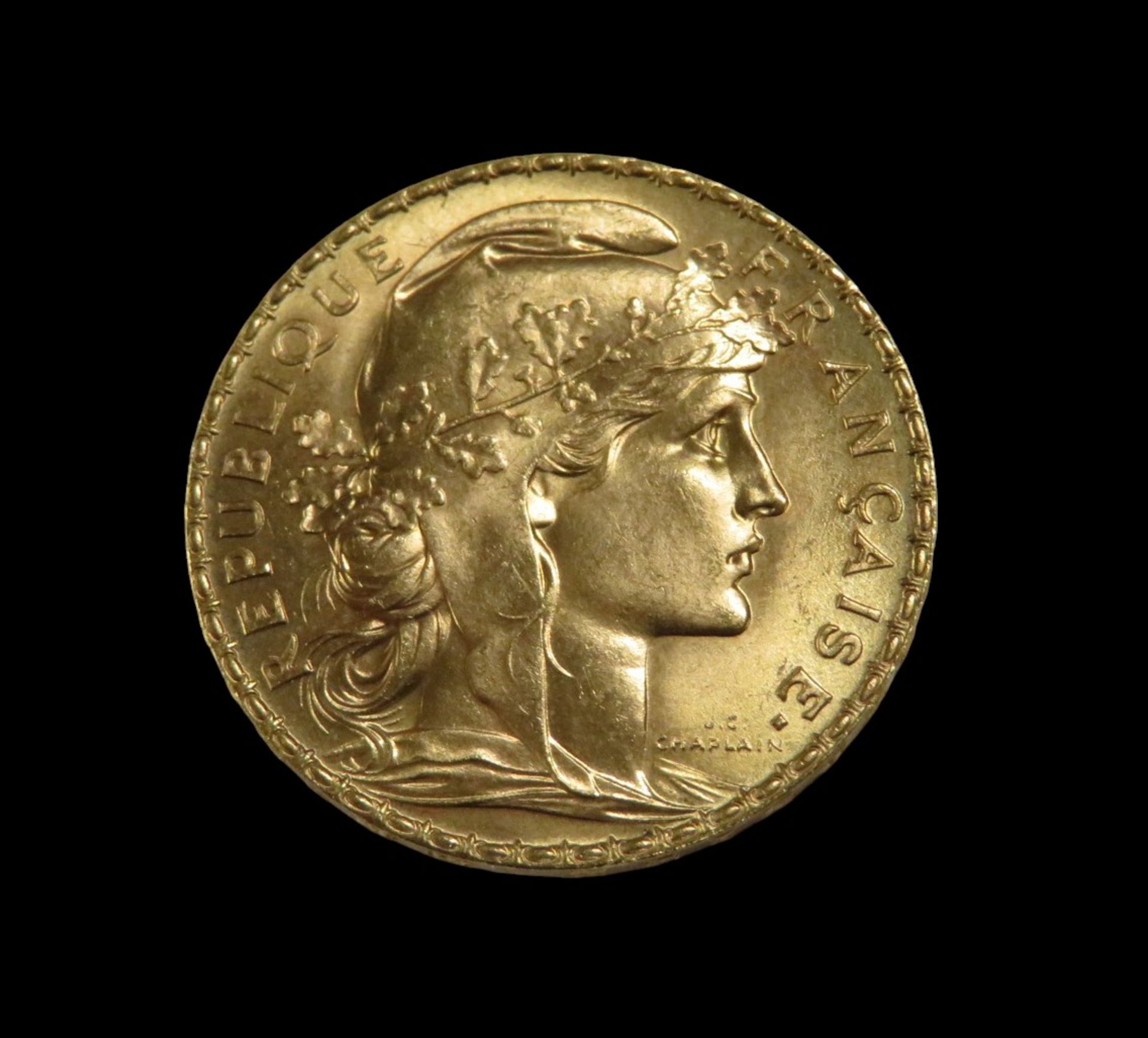 Goldmünze, 20 Francs, Marianne, 1910, Gold 900/000, 6,4 g, d 2,1 cm.