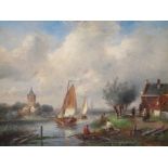 Niederlande, 19. Jahrhundert, "Niederländische Sommerlandschaft mit Segelbooten", Öl/Malerpappe, 19
