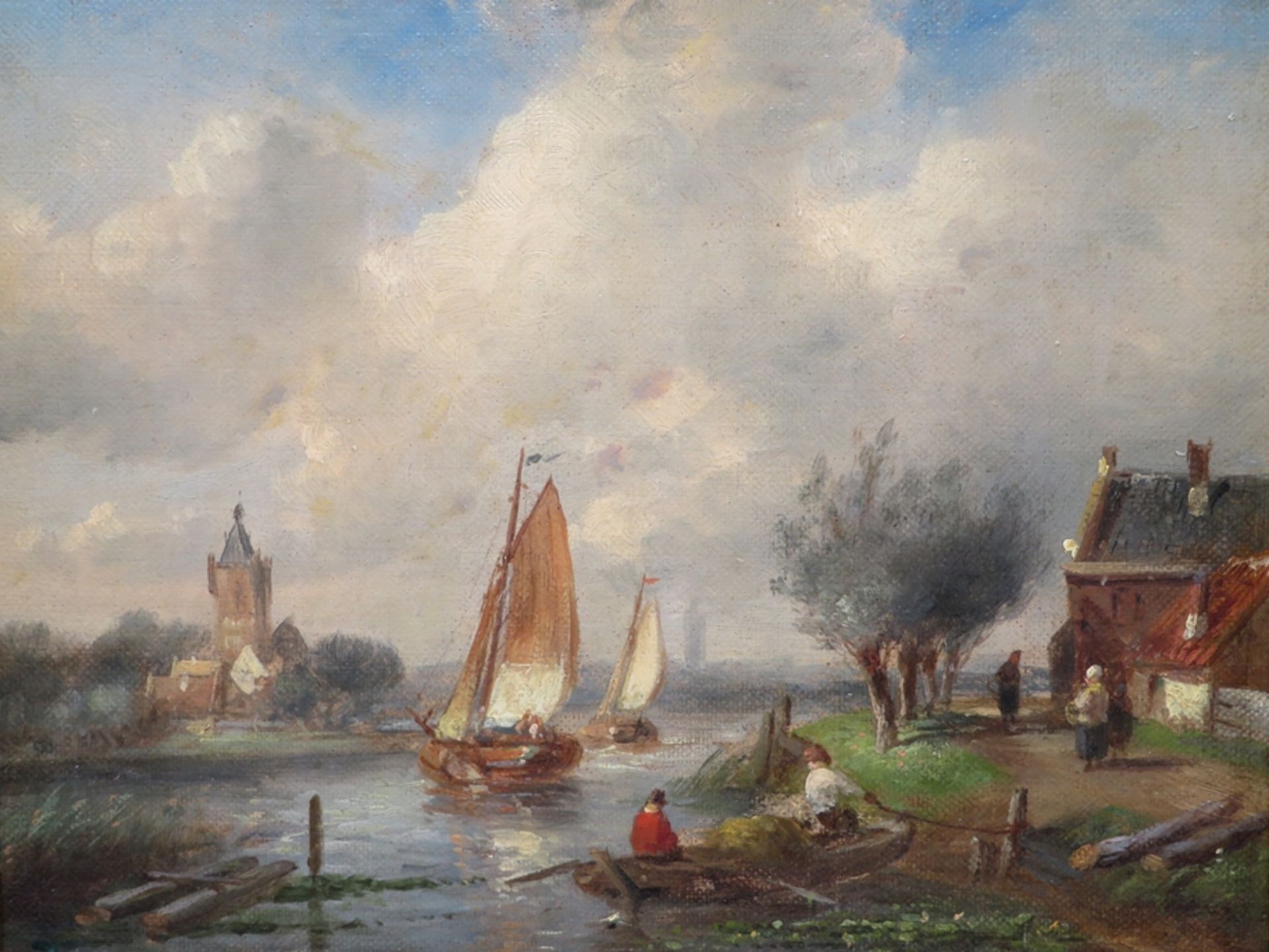 Niederlande, 19. Jahrhundert, "Niederländische Sommerlandschaft mit Segelbooten", Öl/Malerpappe, 19