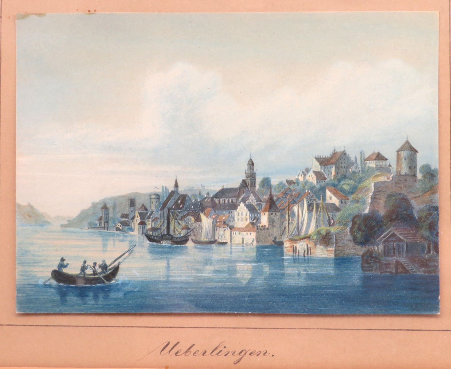 Biedermeier Stahlstich, 1. Hälfte 19. Jahrhundert, "Überlingen am Bodensee", altcol., wohl beschnit