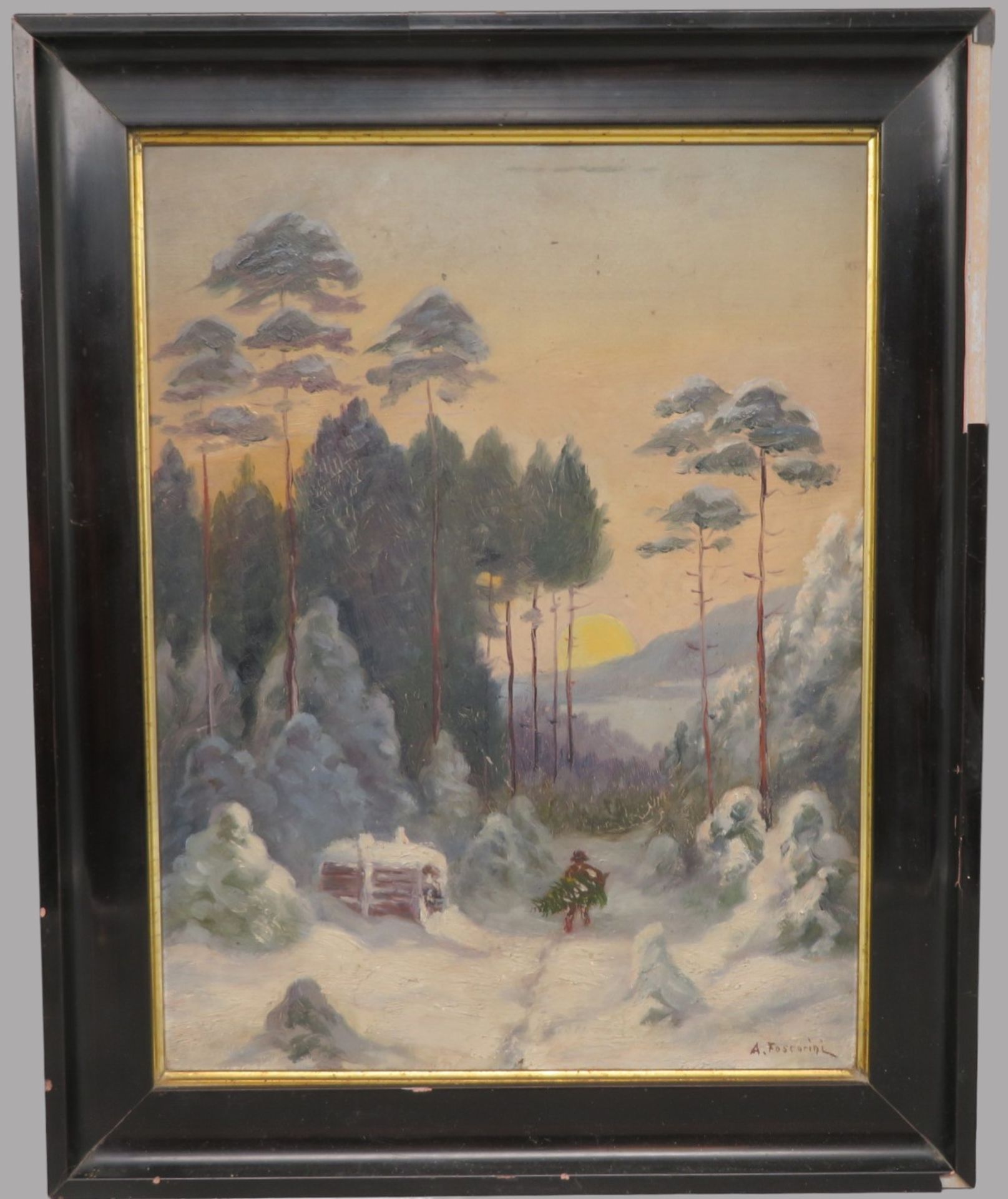 Foscarini, A., "Der Reisigsammler in verschneiter Winterlandschaft", re.u.sign., Öl/Malerpappe, 34, - Bild 3 aus 3