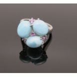 Designer Ring, 3 Larimar-Cabochons, 4 facettierte Amethyste, Silber 925/000, punziert, Ringkopf d 1