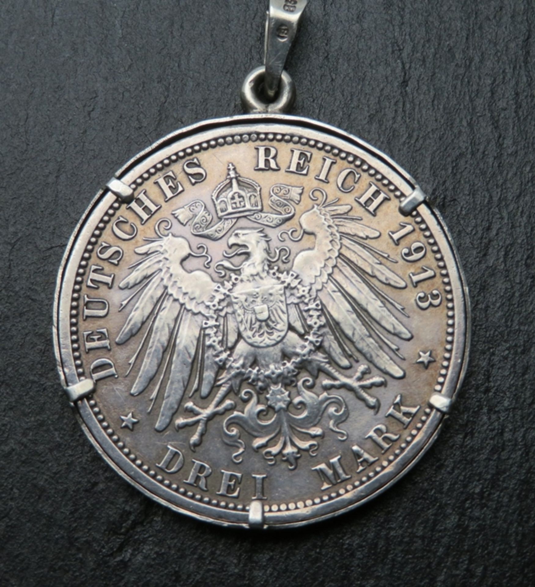 Historischer Münzanhänger von 1913, 3-Mark-Silbermünze, 18,3 g, Deutsches Reich von 1913 mit dem Po - Bild 2 aus 2