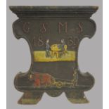 Bäuerliche Reliefschnitzerei, dat. 1839, monogr. "GSMS", Holz mit polychromer Bemalung, 52,5 x 45 x
