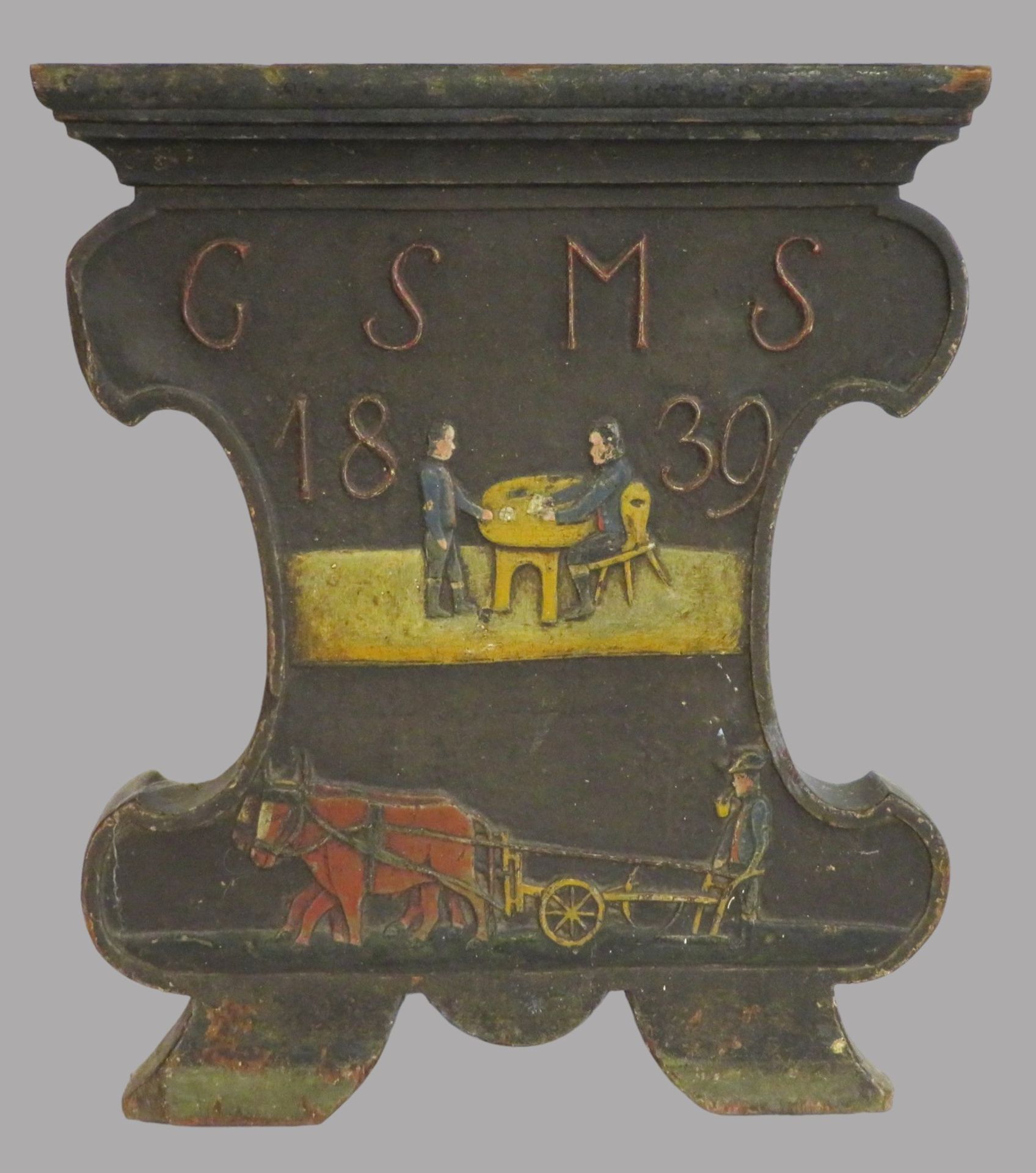 Bäuerliche Reliefschnitzerei, dat. 1839, monogr. "GSMS", Holz mit polychromer Bemalung, 52,5 x 45 x