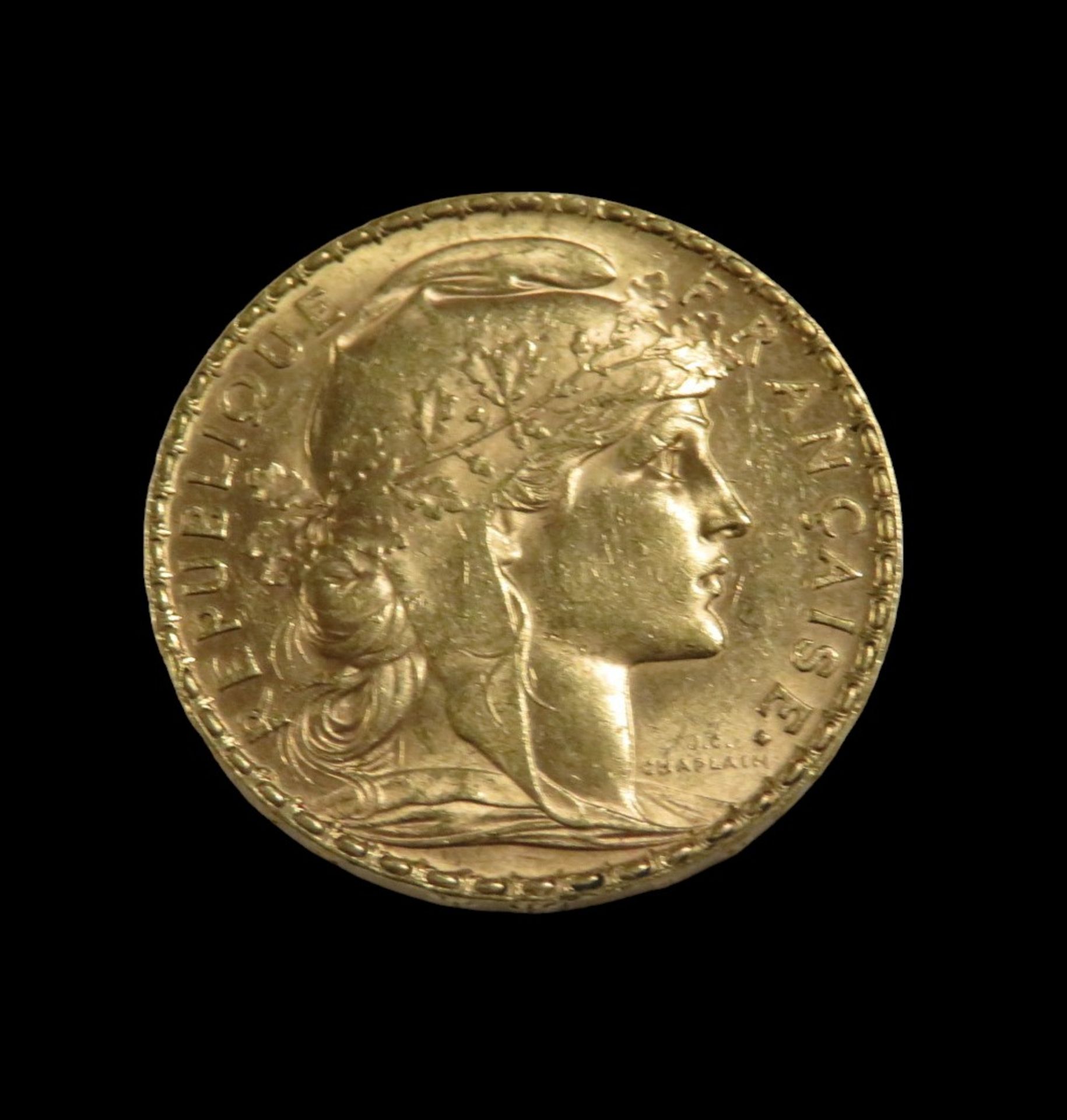 Goldmünze, 20 Francs, Marianne, 1907, Gold 900/000, 6,4 g, d 2,1 cm.