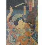 Japanischer Farbholzschnitt, 19. Jahrhundert, "Samuraikämpfer", 34,5 x 24 cm, R. [46 x 35,5 cm]