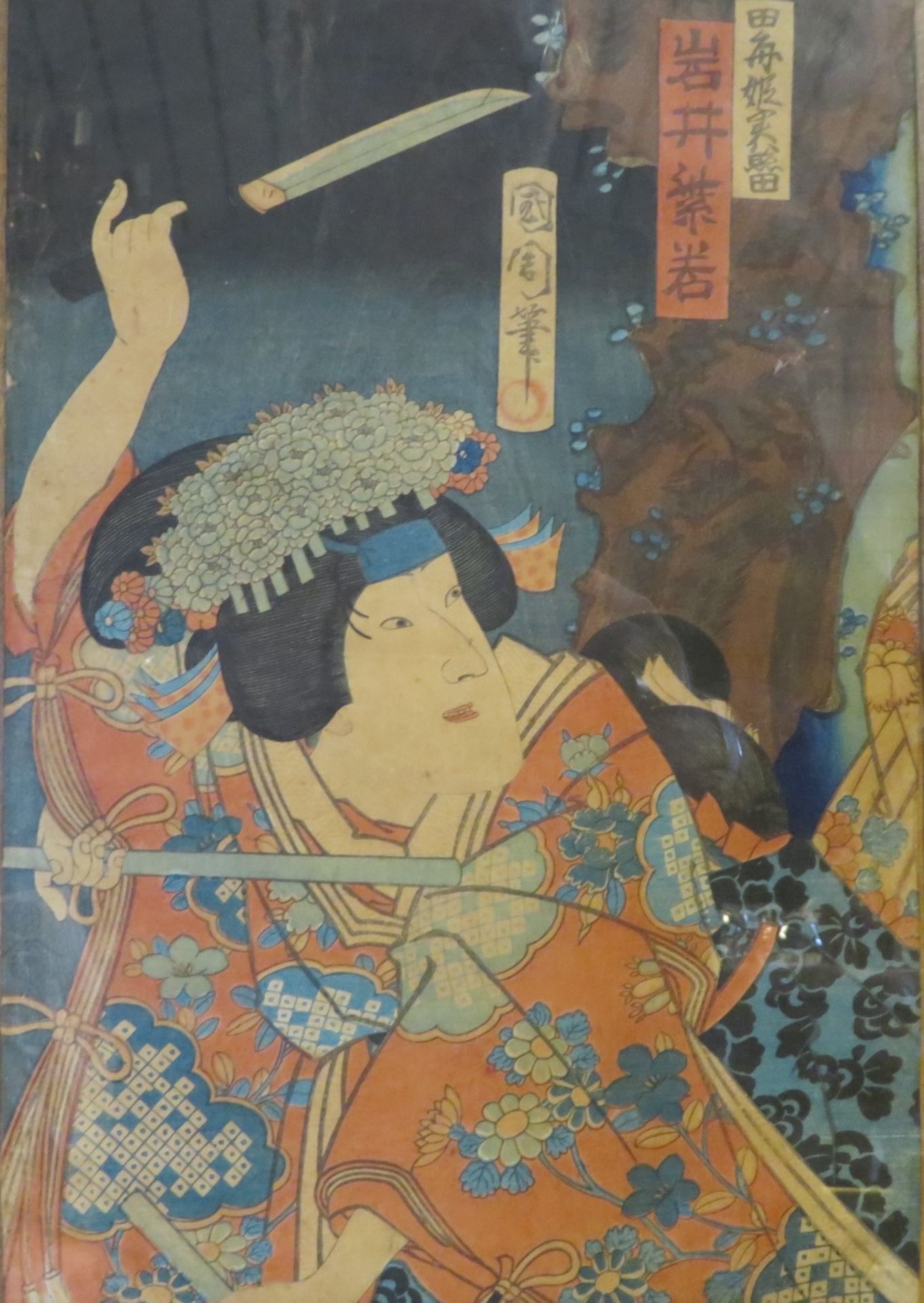 Japanischer Farbholzschnitt, 19. Jahrhundert, "Samuraikämpfer", 34,5 x 24 cm, R. [46 x 35,5 cm]