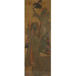 Japan, 19. Jahrhundert, "Geisha", Farbholzschnitt, sign., Knickfalten, 71 x 24 cm, R. [78 x 31,5 cm