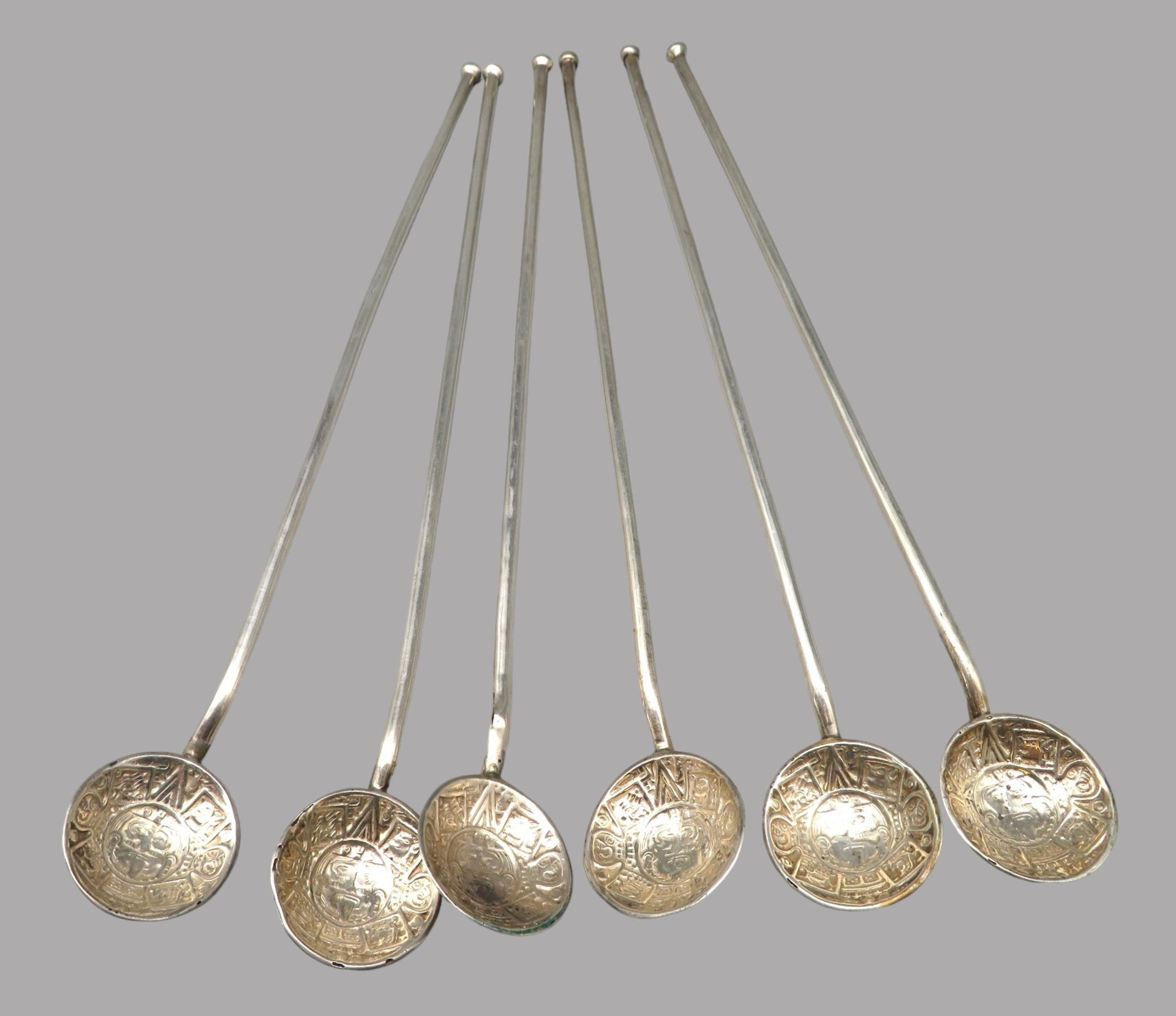 6 Longdrink-Löffel, Mexiko, Silber 925/000, punziert, 82 g, Gebrauchsspuren, l 21,5 cm.