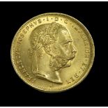Goldmünze, Österreich, 8 Florin/20 Gulden, Franz Joseph I, 1892, Gold 900/000, 6,4 g, d 2,1 cm.