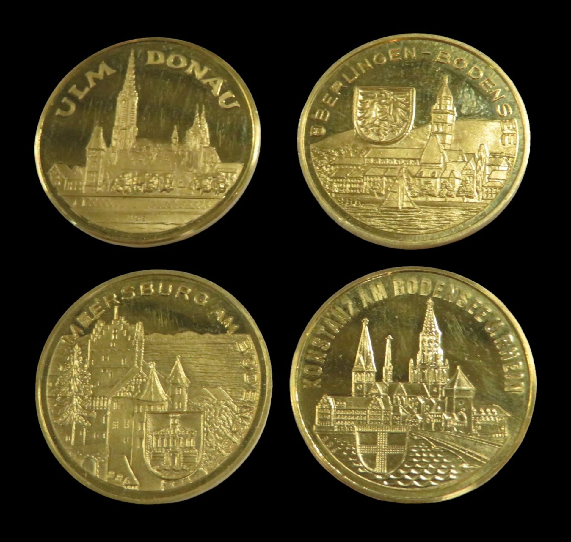 4 diverse Gold-Gedenkmünzen, "Konstanz", "Meersburg", "Überlingen" und "Ulm", Gold 986/000, zus. 16